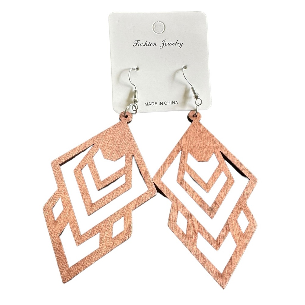 Oversized Cut Wood Brown Geometric Drop Style Earrings